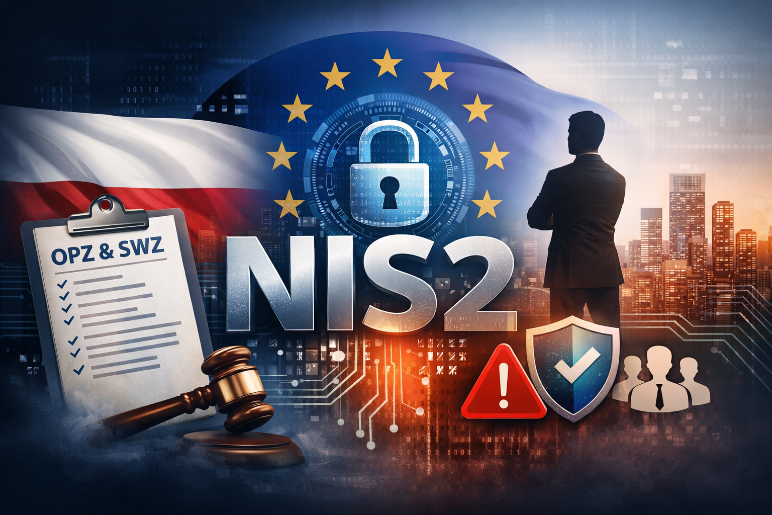 ustracja przedstawiająca dokumentację OPZ i SWZ w kontekście dyrektywy NIS2 oraz cyberbezpieczeństwa w zamówieniach publicznych.